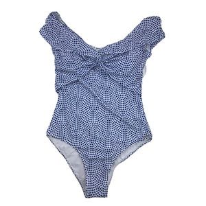 Nicole Miller One Piece Swim Suit Off Shoulders White & Blue Size Medium NWOT